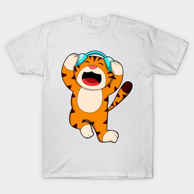 Tiger at Music with Headphone T-Shirt by Markus Schnabel